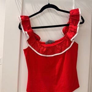 Anthropologie Red Ruffle-Trim Tank with White Contrast